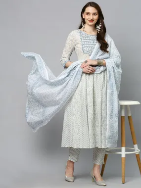 Floral Printed & Embroidered Anarkali Kurta with Pants & Dupatta - Off White