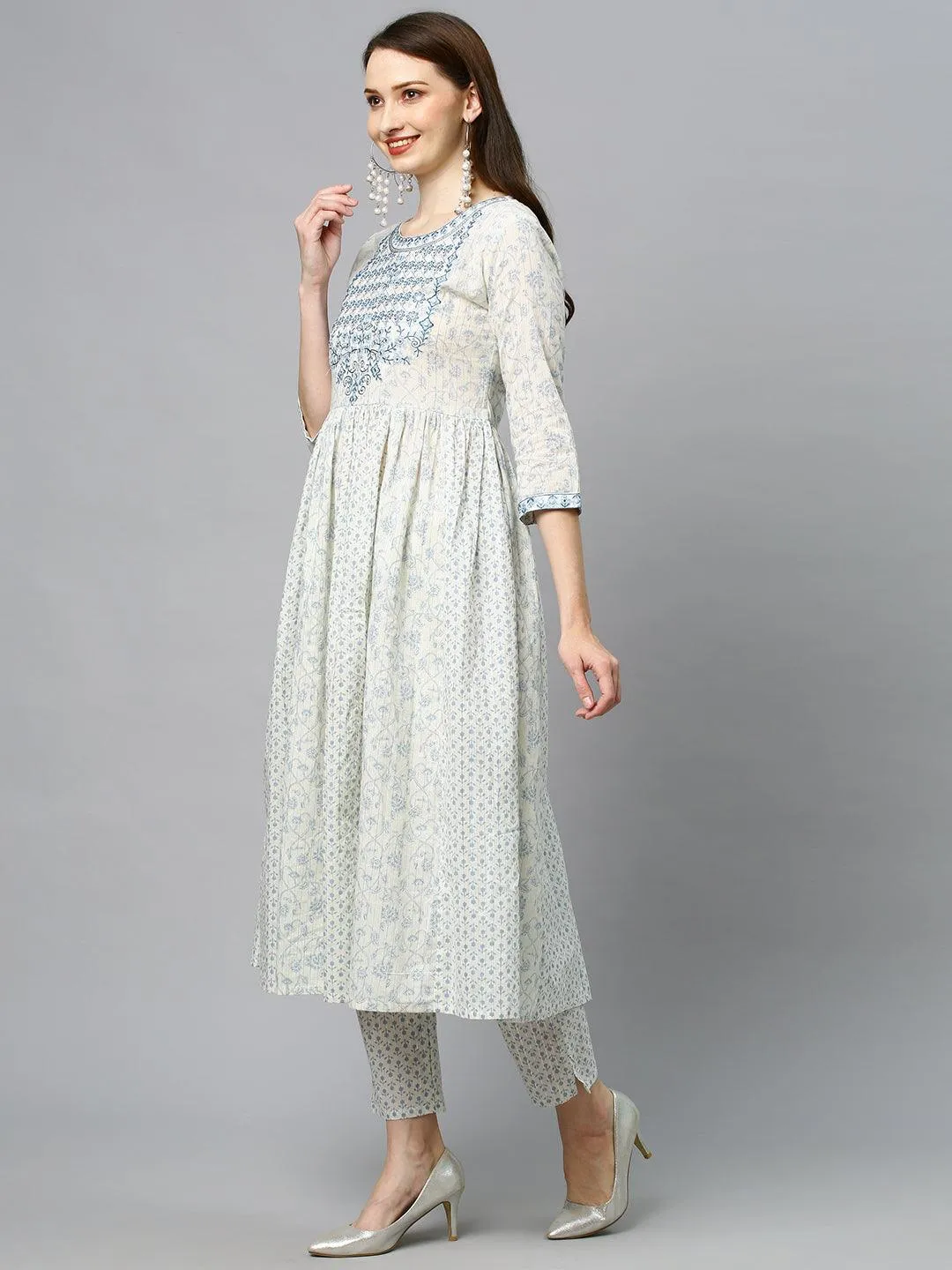 Floral Printed & Embroidered Anarkali Kurta with Pants & Dupatta - Off White