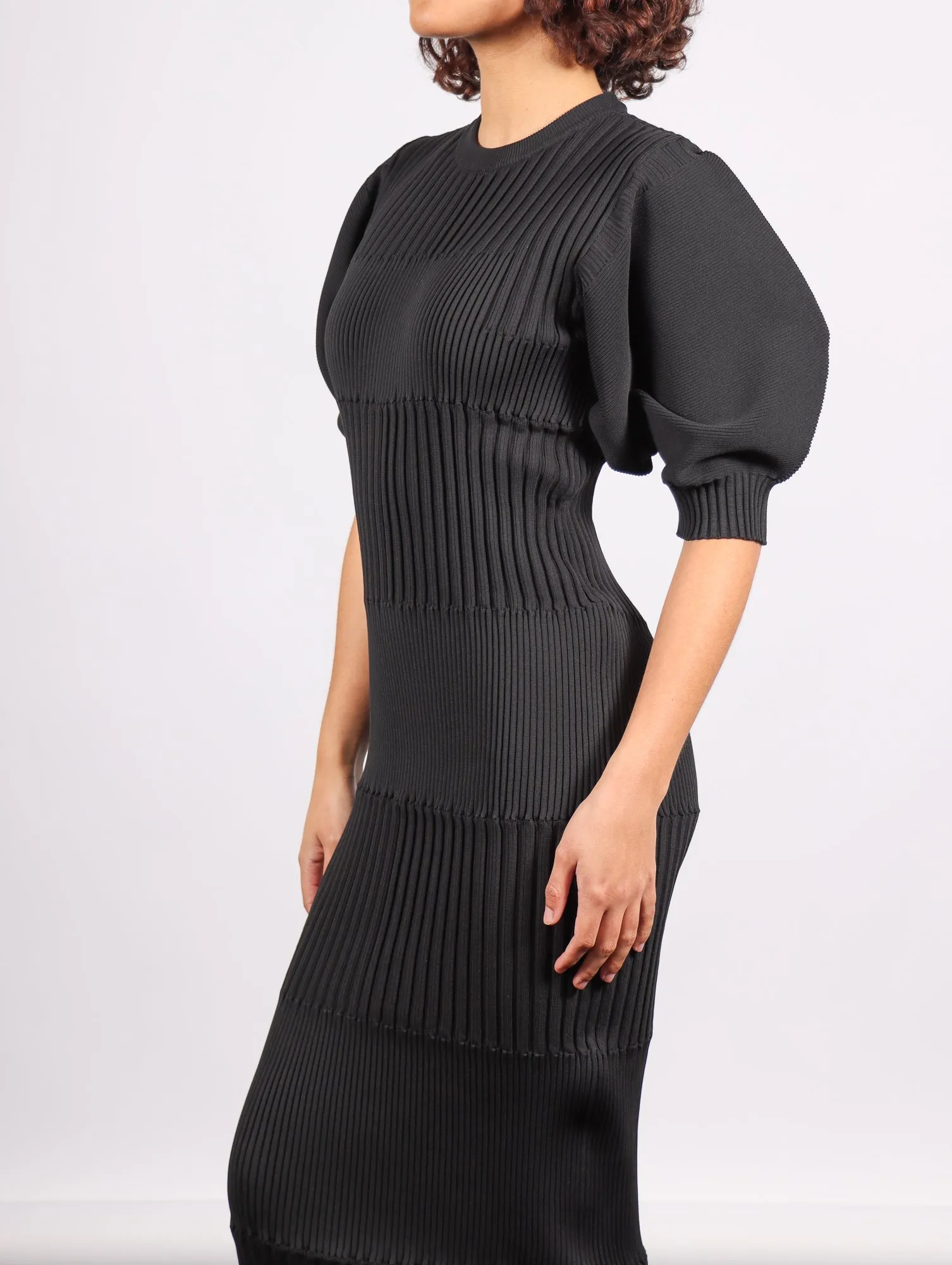 Fluted Short Puff Sleeve Dress in Black by CFCL