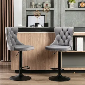 Four Height Adjustable Swivel Bar Stool Velvet Nail head Barstool with Footrest