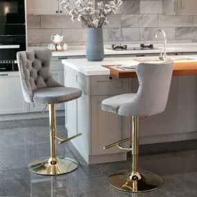 Four Height Adjustable Swivel Bar Stool Velvet Studs Barstool with Footrest and Golden Base- Grey