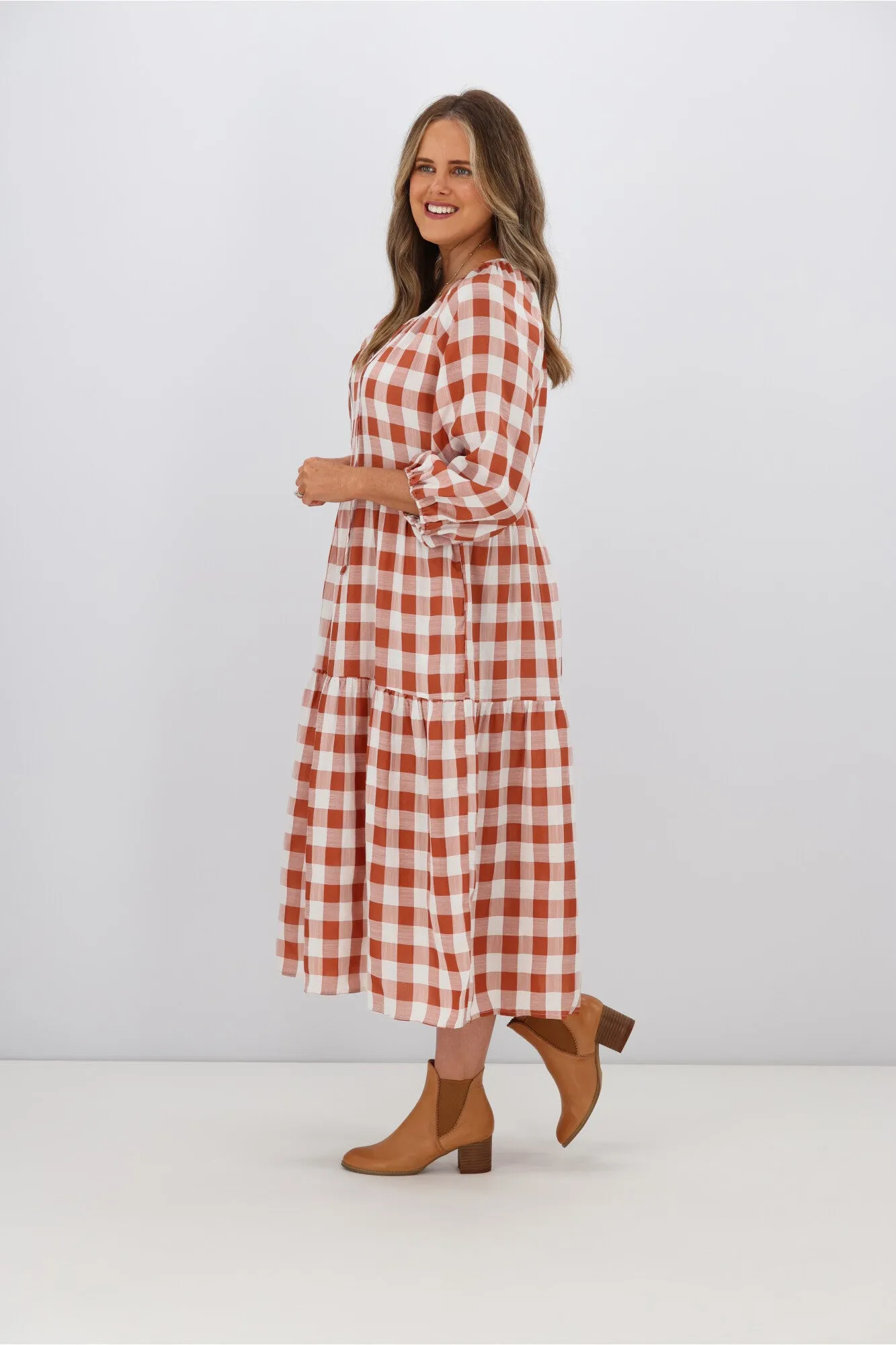 Fria Sammy Gingham 2 Tier Midi Dress Tan