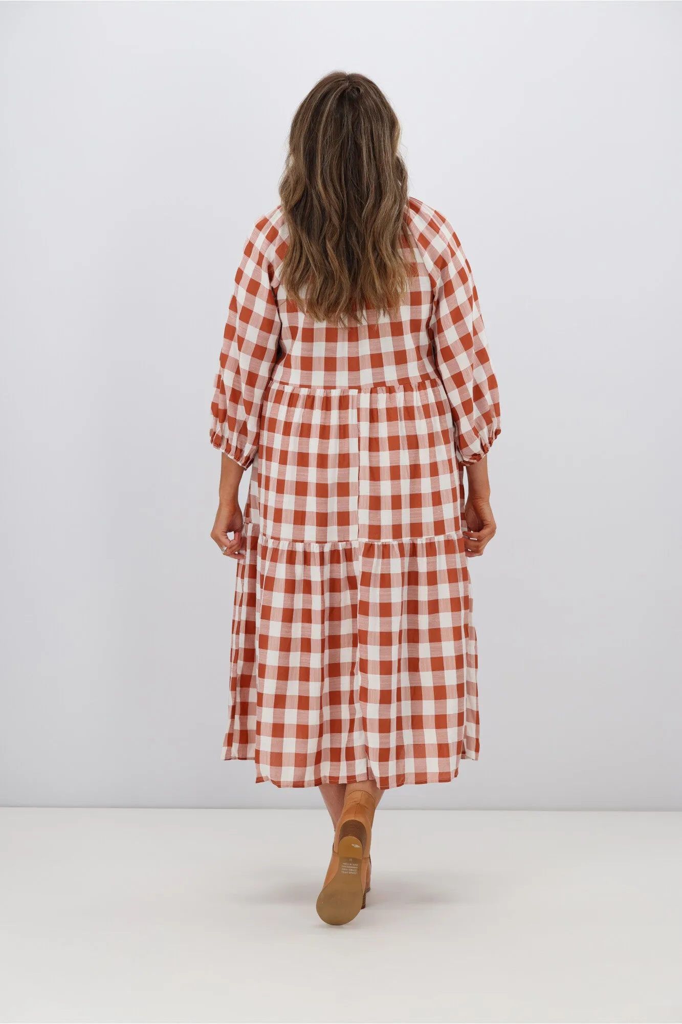 Fria Sammy Gingham 2 Tier Midi Dress Tan