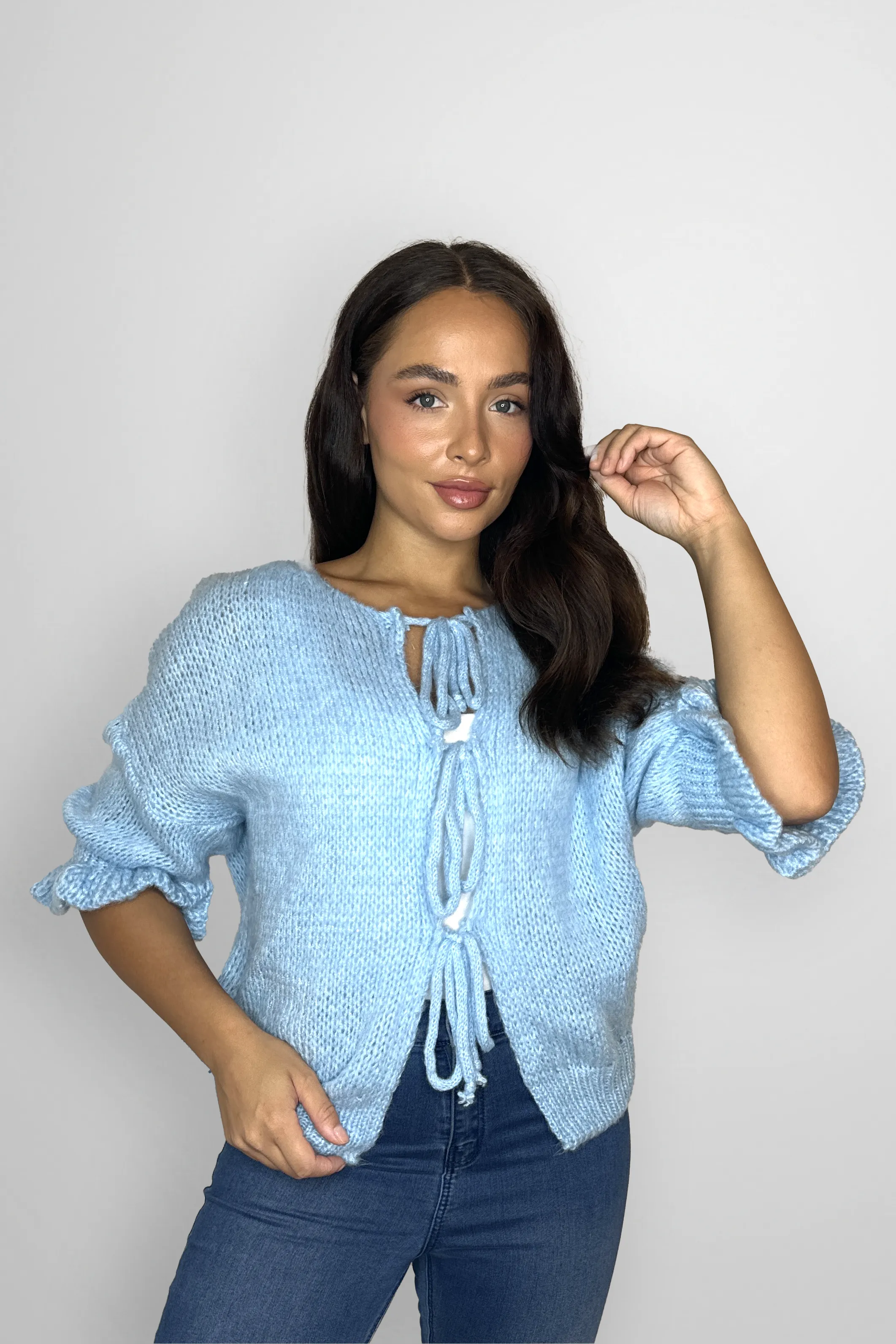 Frill ¾ Sleeve Chunky Knit Tie Up Cardigan