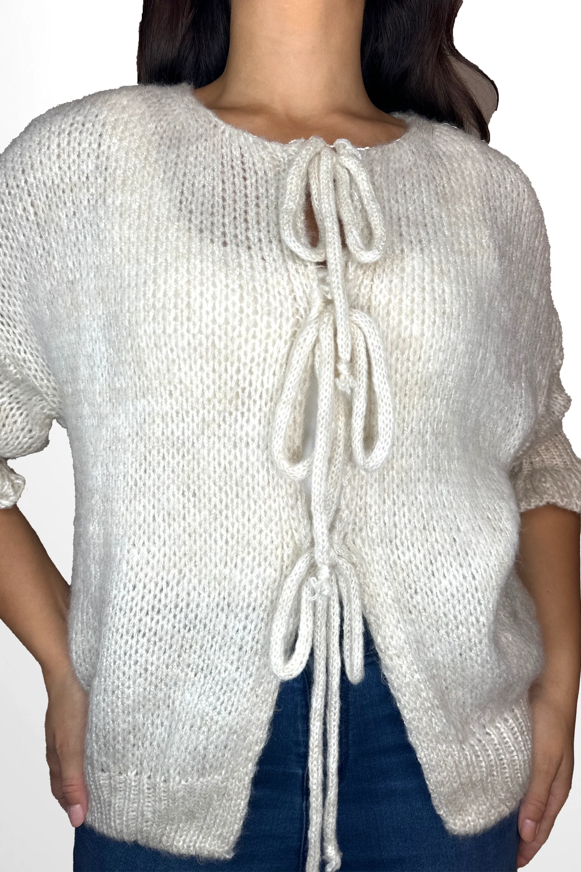 Frill ¾ Sleeve Chunky Knit Tie Up Cardigan