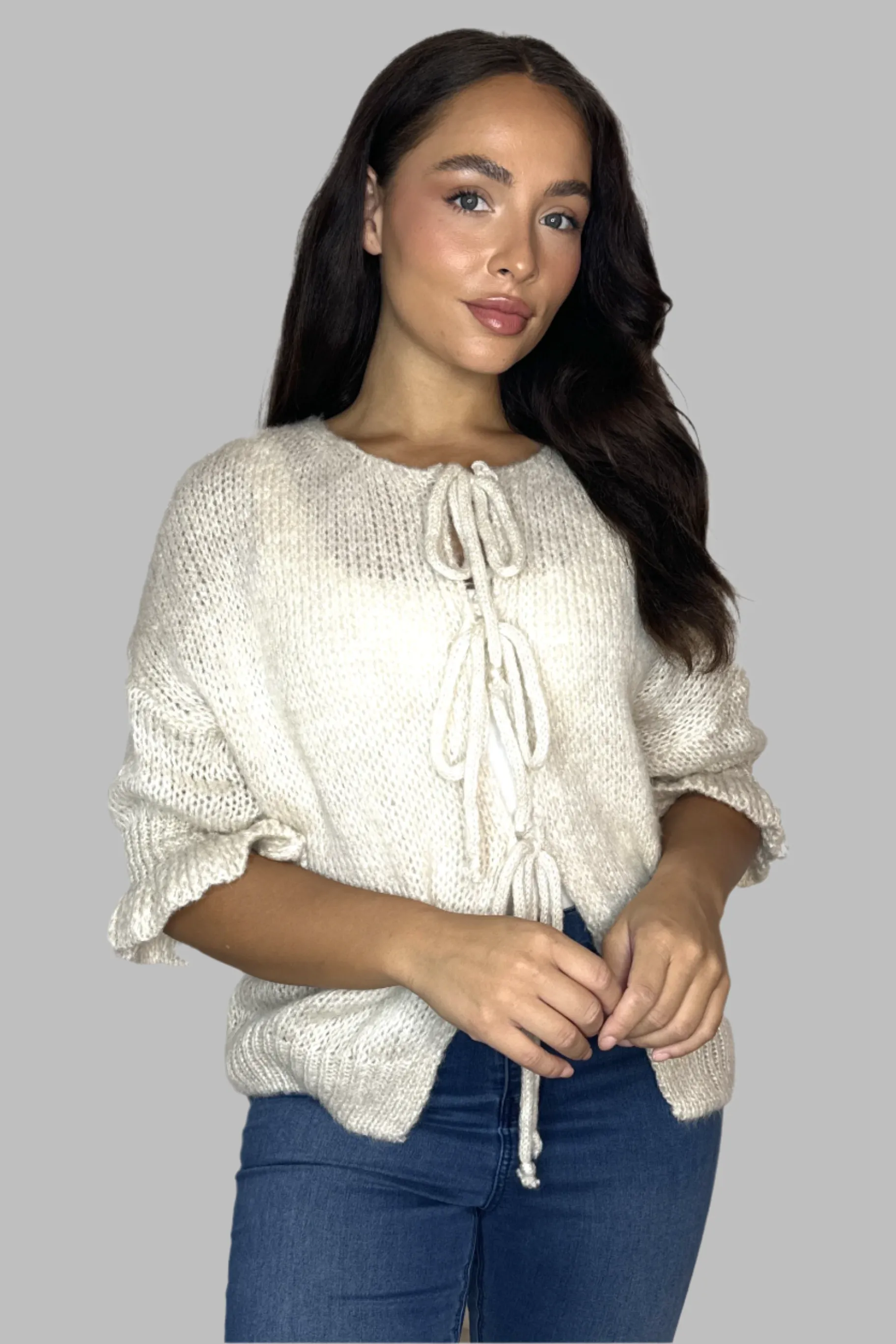 Frill ¾ Sleeve Chunky Knit Tie Up Cardigan