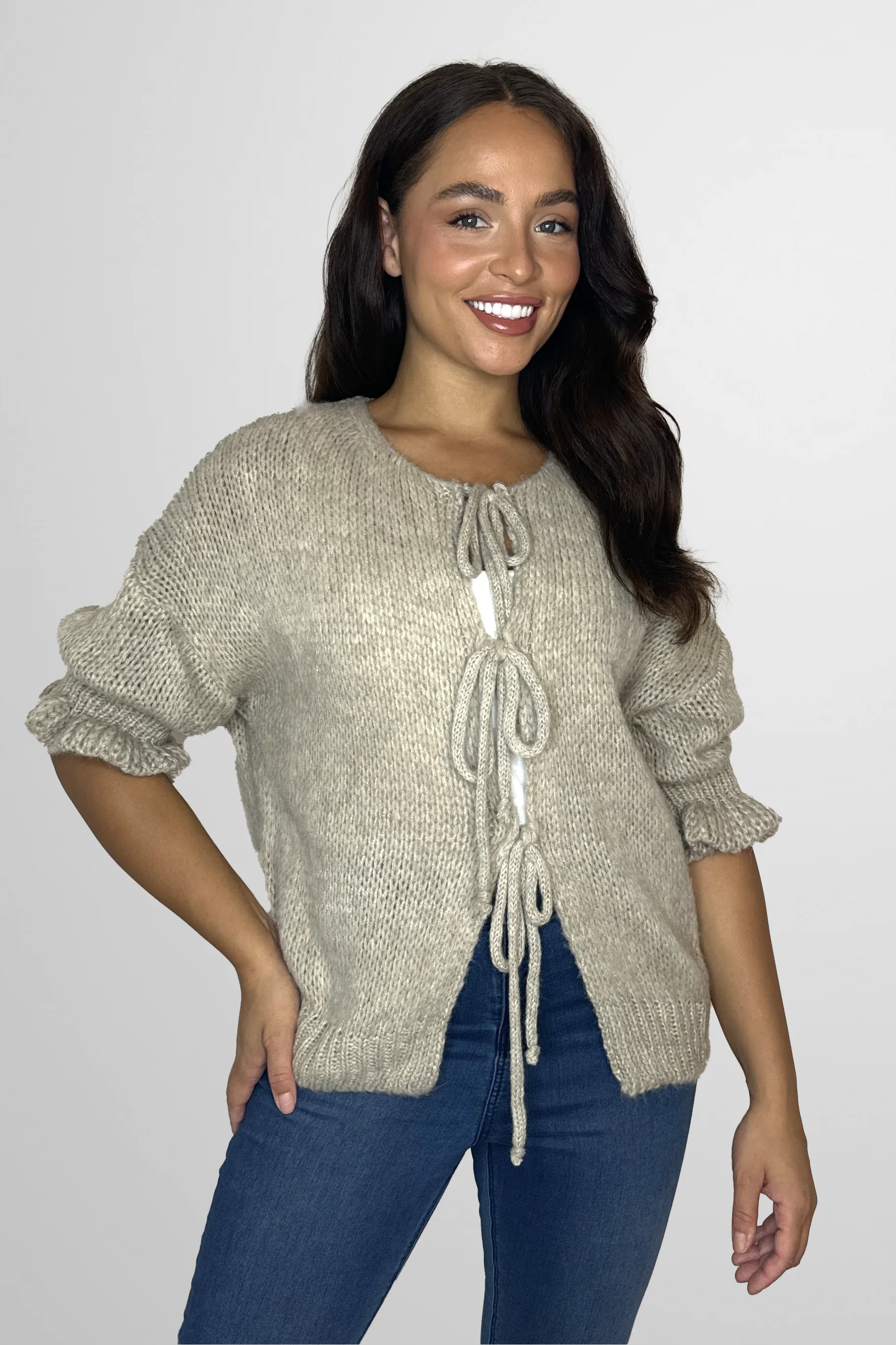 Frill ¾ Sleeve Chunky Knit Tie Up Cardigan