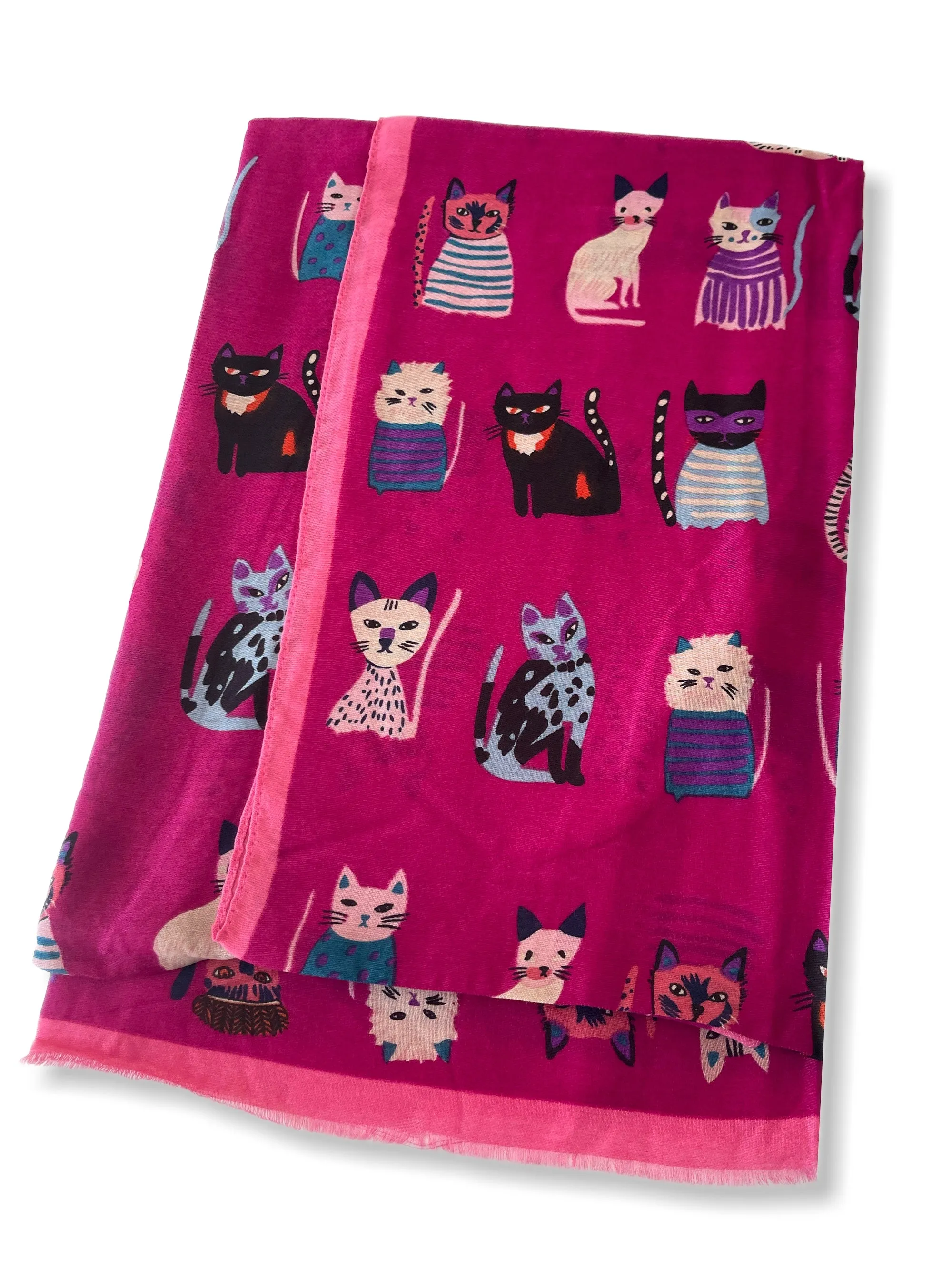 FUCHSIA PINK COTTON BLEND CAT PRINT LIGHTWEIGHT SCARF