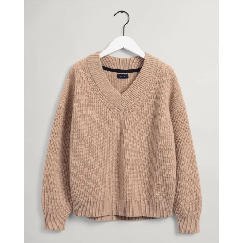 GANT Wool Rib V-Neck Sweater 4805153 - Khaki Mel