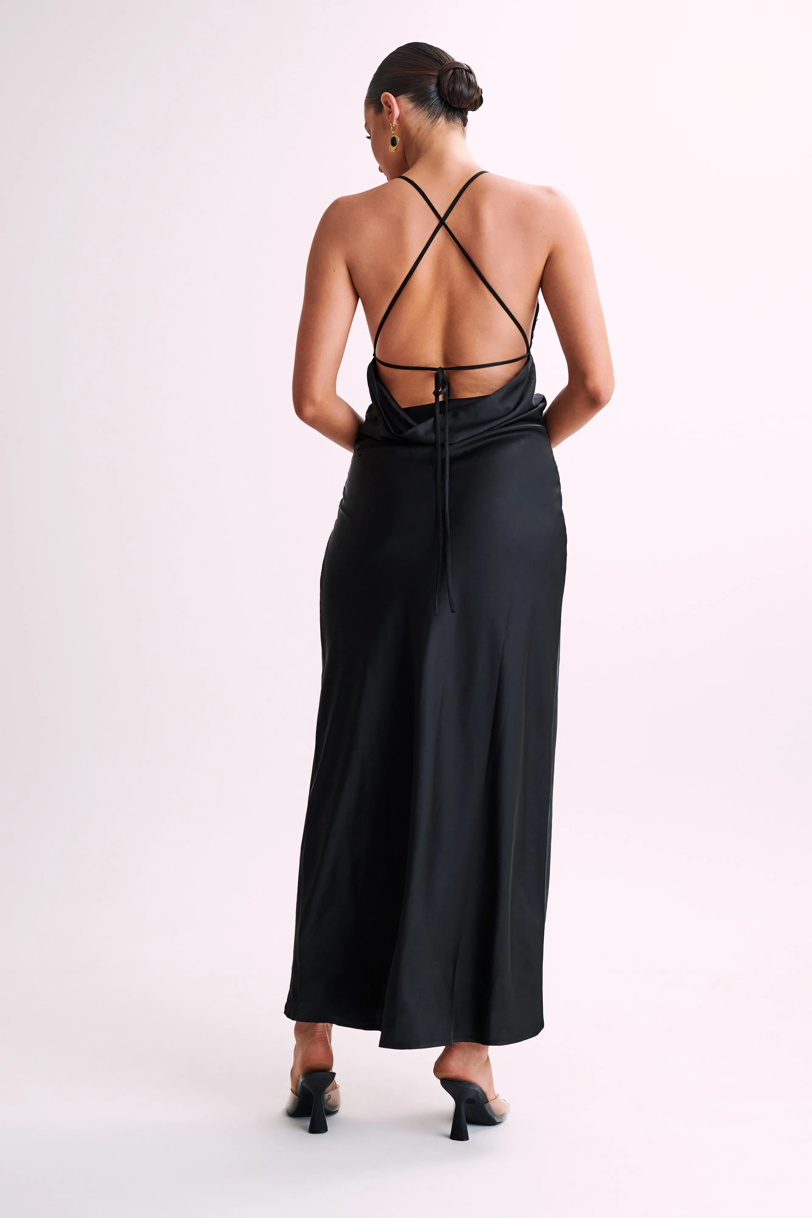 Gina Satin Slip Maxi Dress With Lace - Black