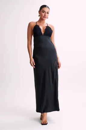 Gina Satin Slip Maxi Dress With Lace - Black