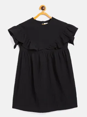 Girls Black Seer Sucker Front Yoke Dress