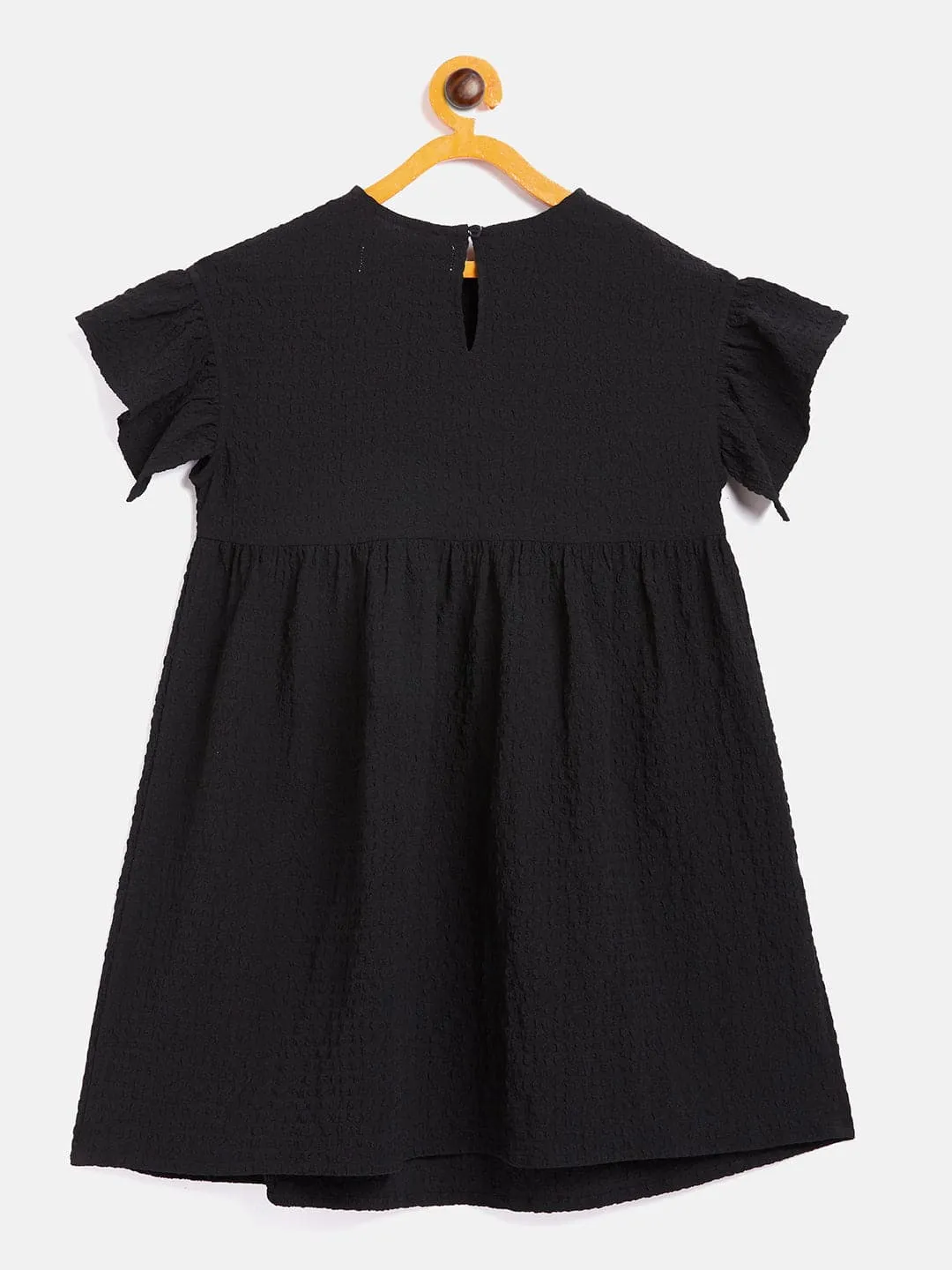 Girls Black Seer Sucker Front Yoke Dress