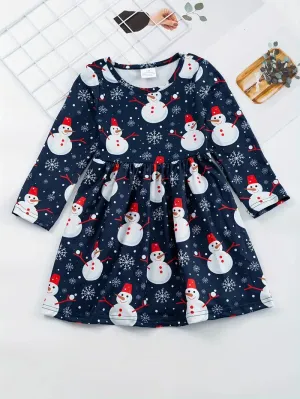 Girls Casual Long Sleeve Snowman Graphic Dress