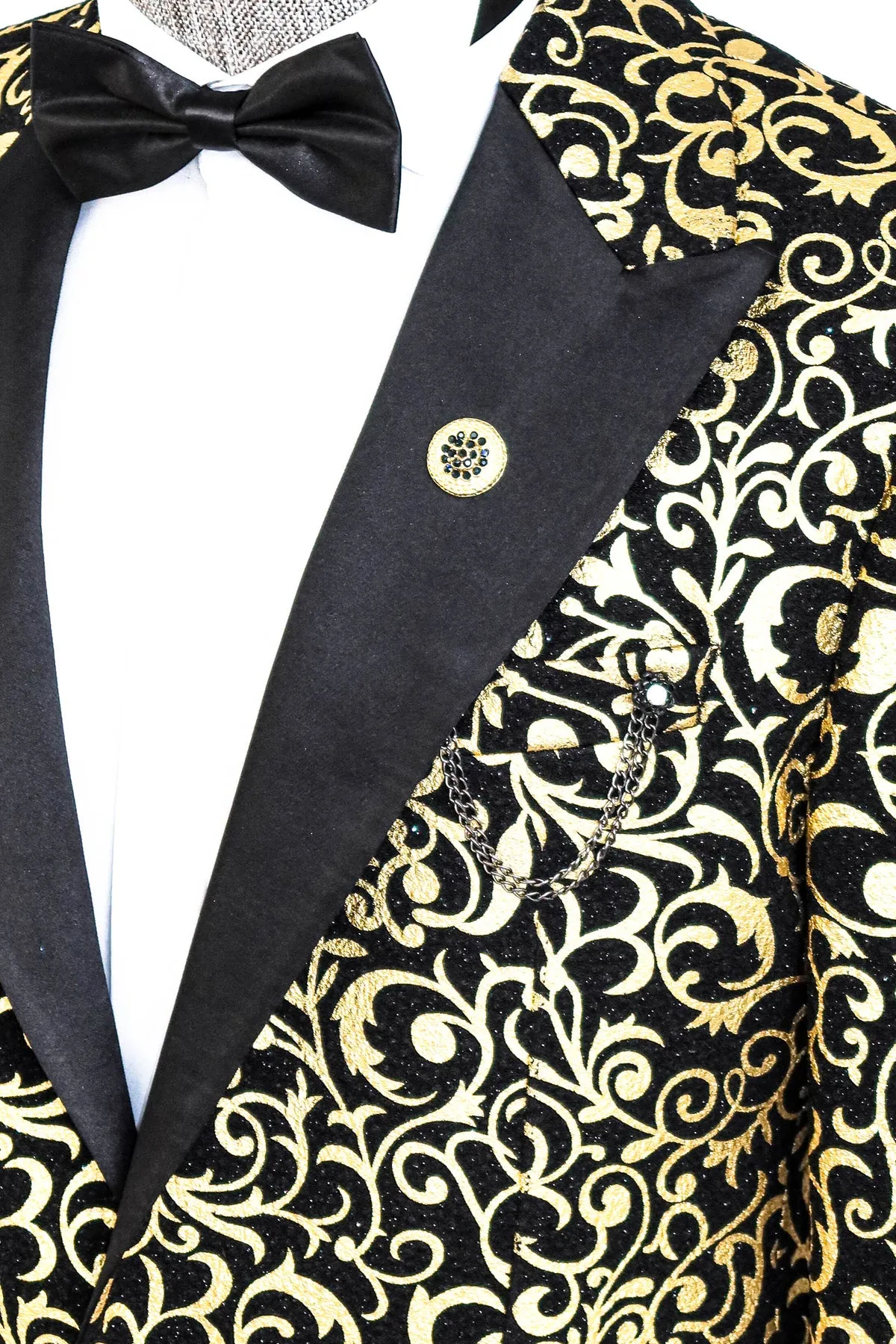 Gold Patterned Over Black Men Evening Dinner Jacket - Wessi