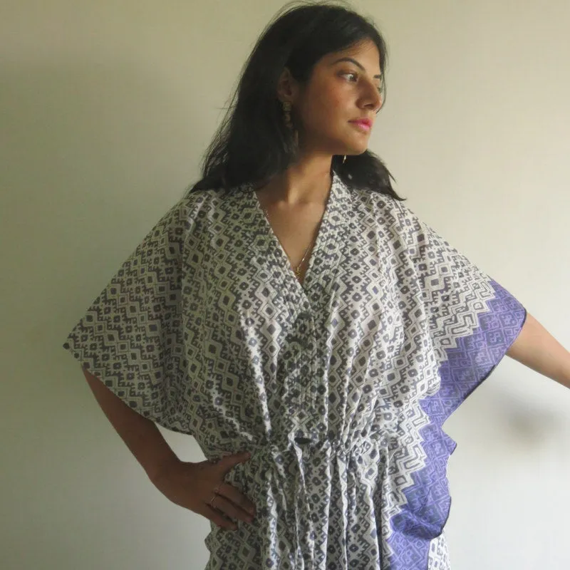 Gray Geometric Chevron V-Neck Button Down to Waist, Ankle Length, Cinched Waist Caftan