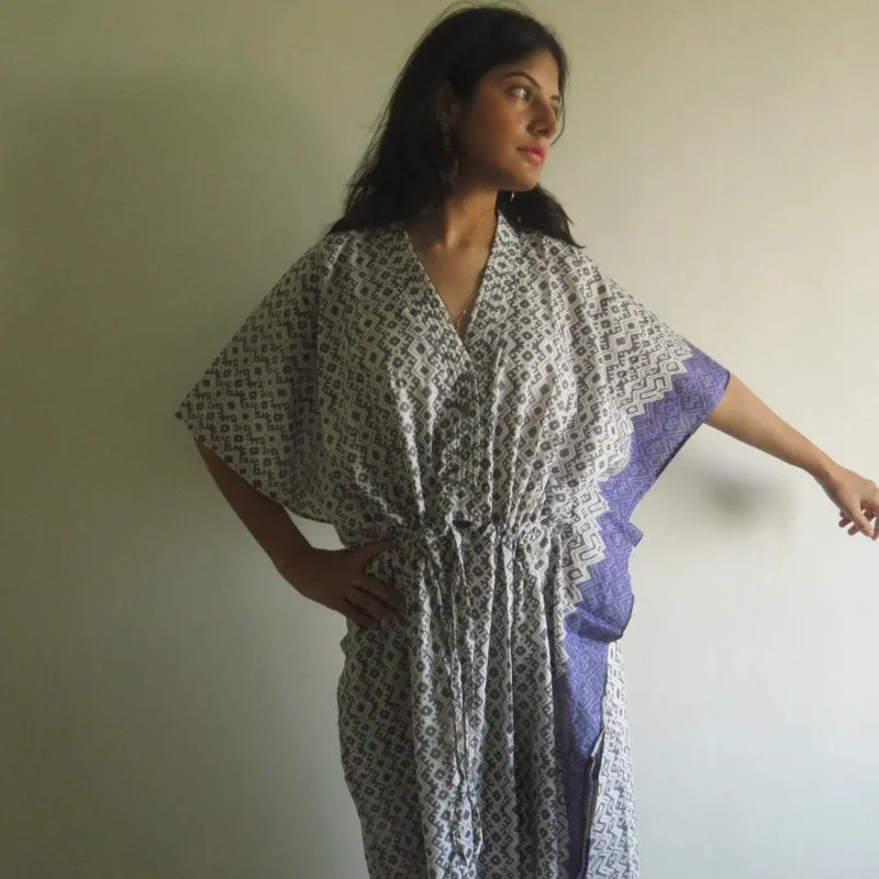 Gray Geometric Chevron V-Neck Button Down to Waist, Ankle Length, Cinched Waist Caftan