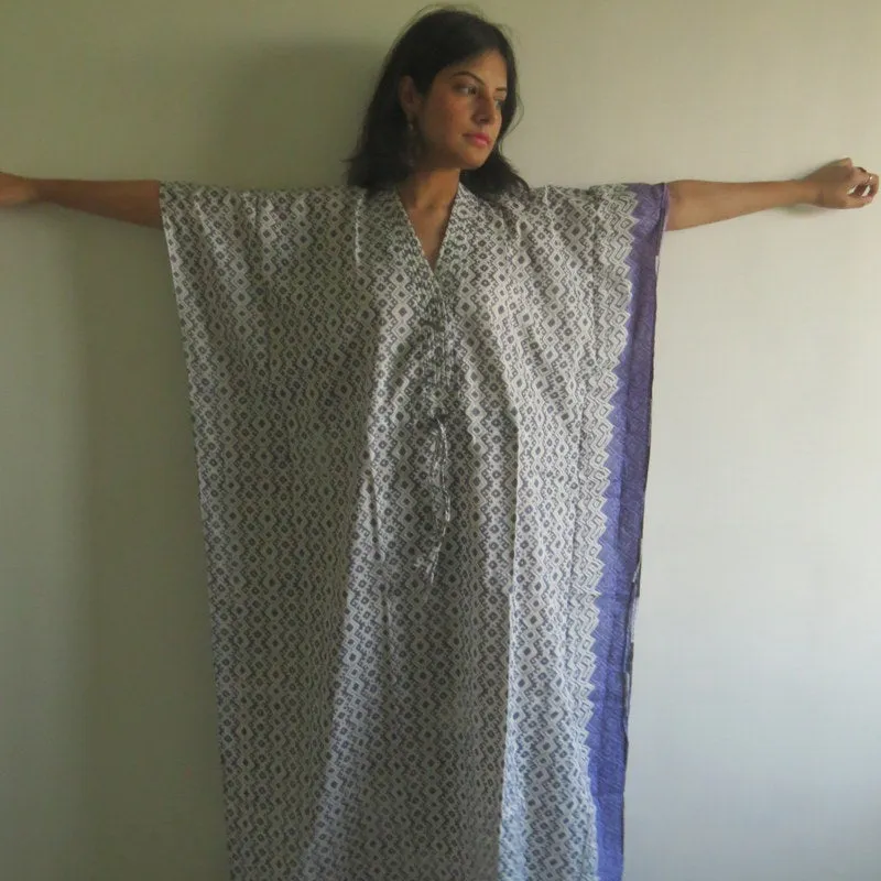 Gray Geometric Chevron V-Neck Button Down to Waist, Ankle Length, Cinched Waist Caftan