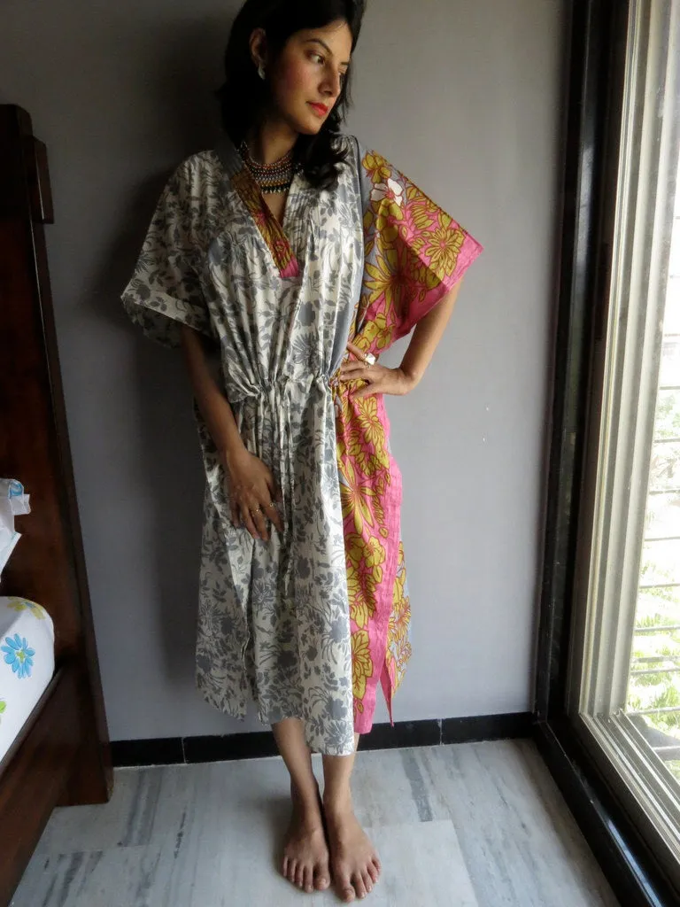 Gray Leafy V-Neck, Calf Length, Cinched Waist Caftan, Comfortable House Dress