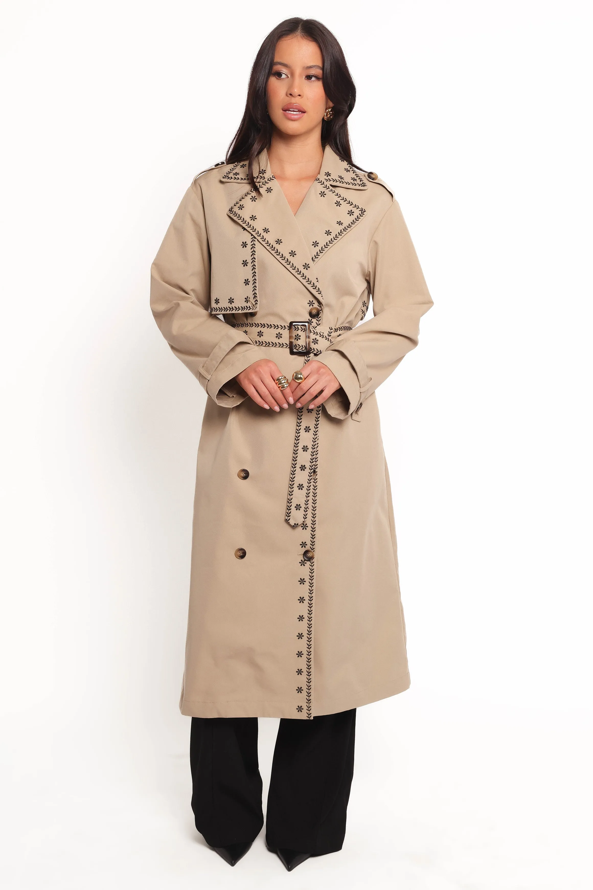 Grayson Embroidered Trim Trench Coat - Taupe