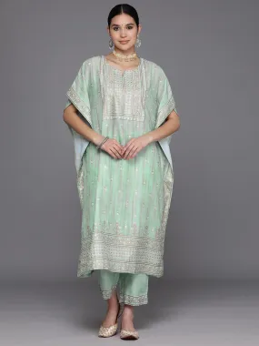 Green Printed Silk Blend Kaftan Kaftan With Trousers