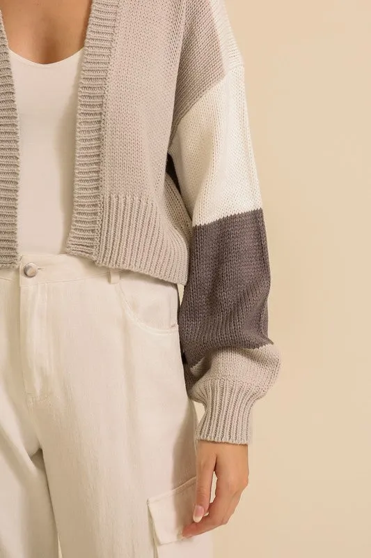 Grey Combo Color Block Open Front Cardigan