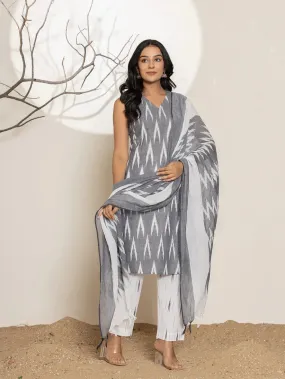 Grey Cotton Ikat Print Suit Set with Dupatta