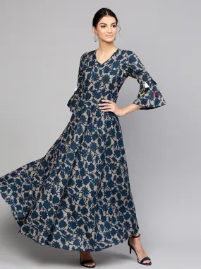 Grey Indigo Floral Tiered Sleeves Maxi