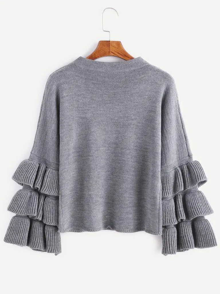 Grey Layered Ruffle Sleeve Pullover Sweater