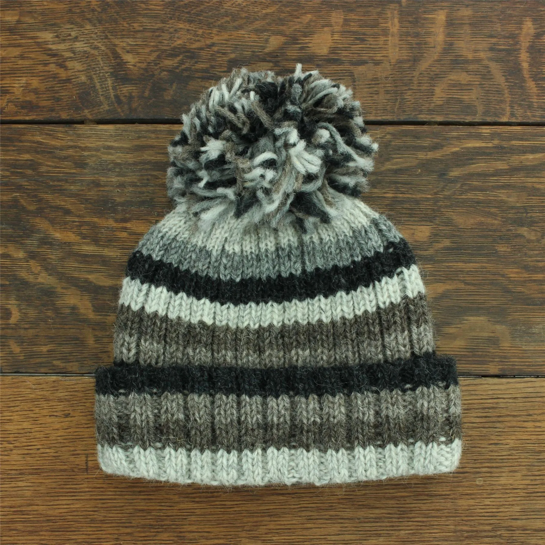 Hand Knitted Wool Beanie Bobble Hat - Stripe Natural