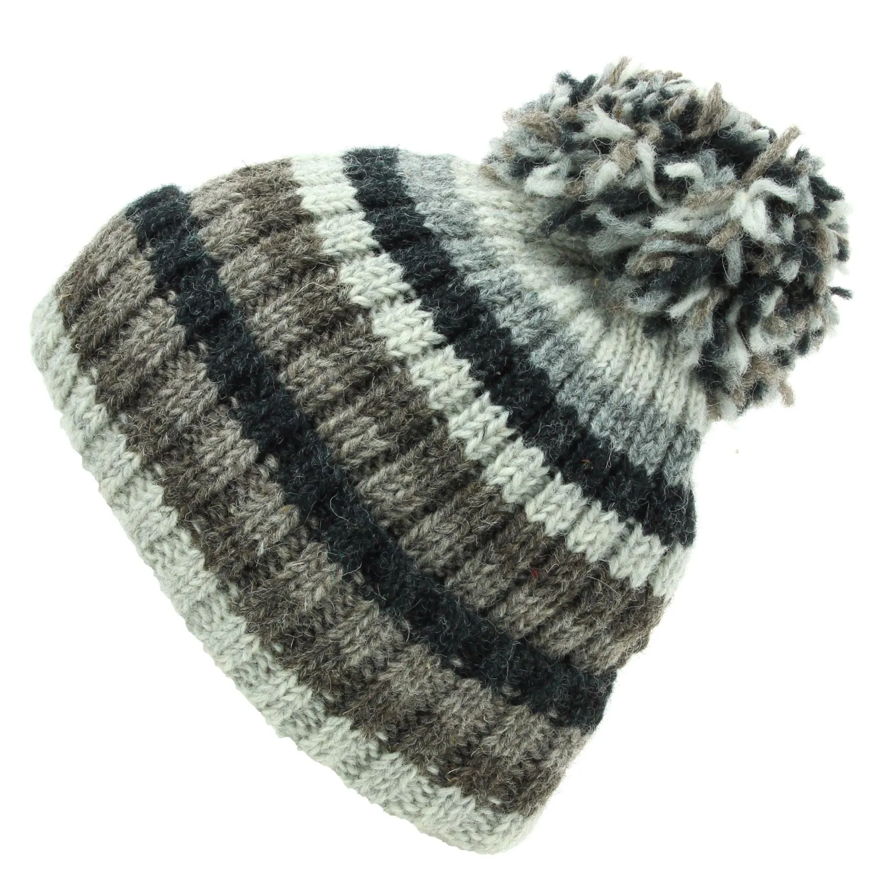 Hand Knitted Wool Beanie Bobble Hat - Stripe Natural