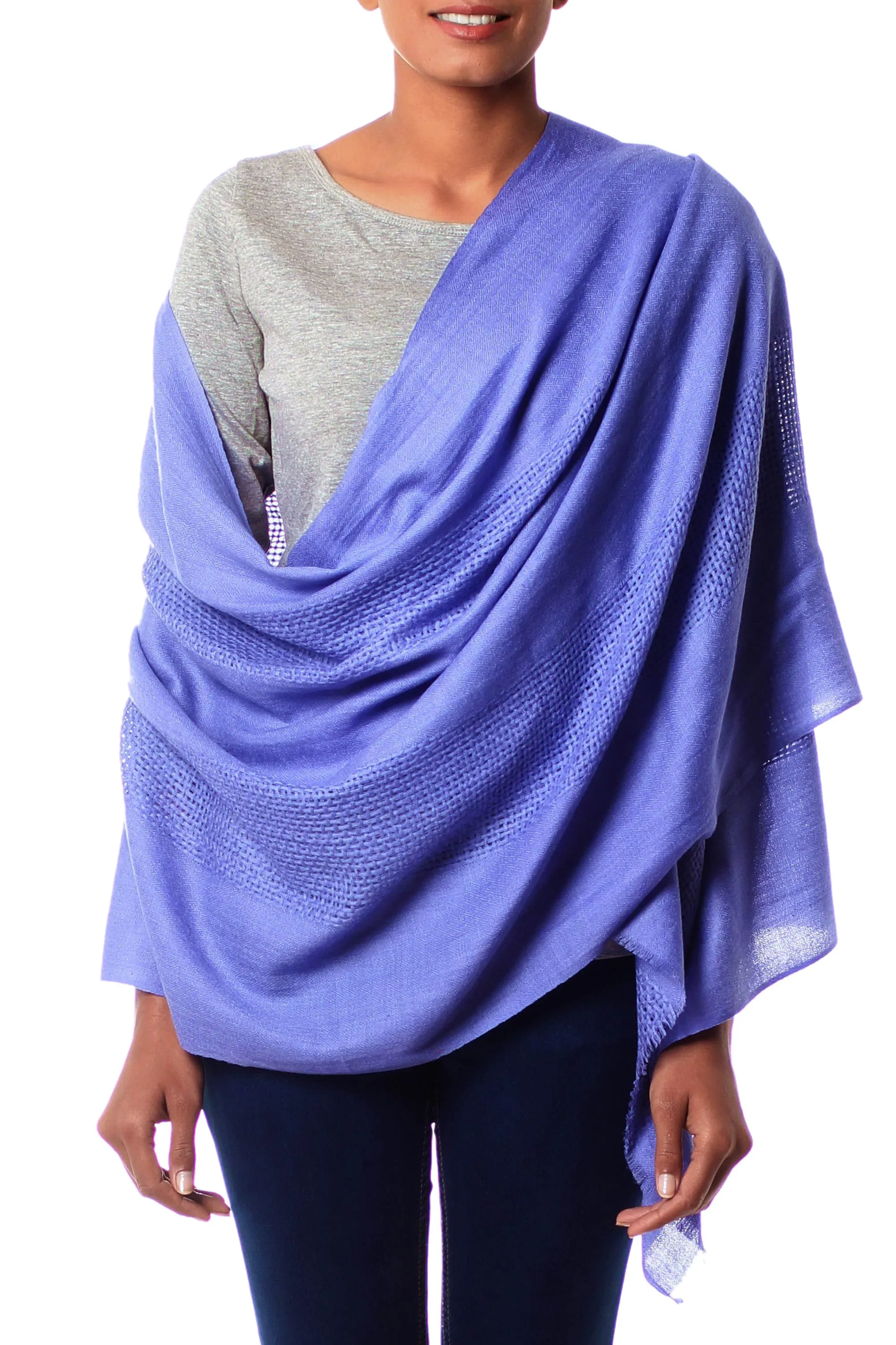 Hand Loomed 100% Wool Periwinkle Blue Wrap for Women - Periwinkle Allure | NOVICA