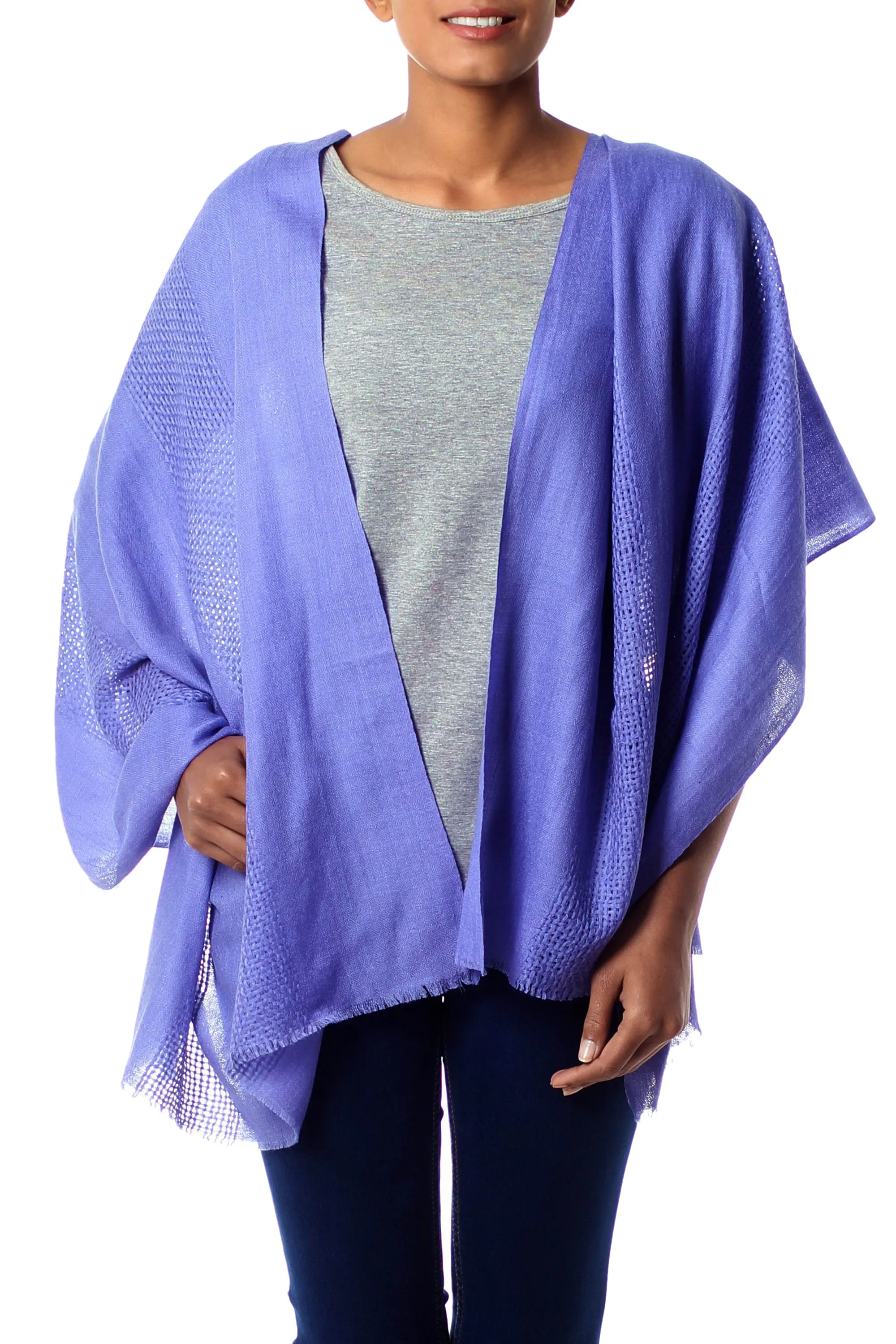 Hand Loomed 100% Wool Periwinkle Blue Wrap for Women - Periwinkle Allure | NOVICA