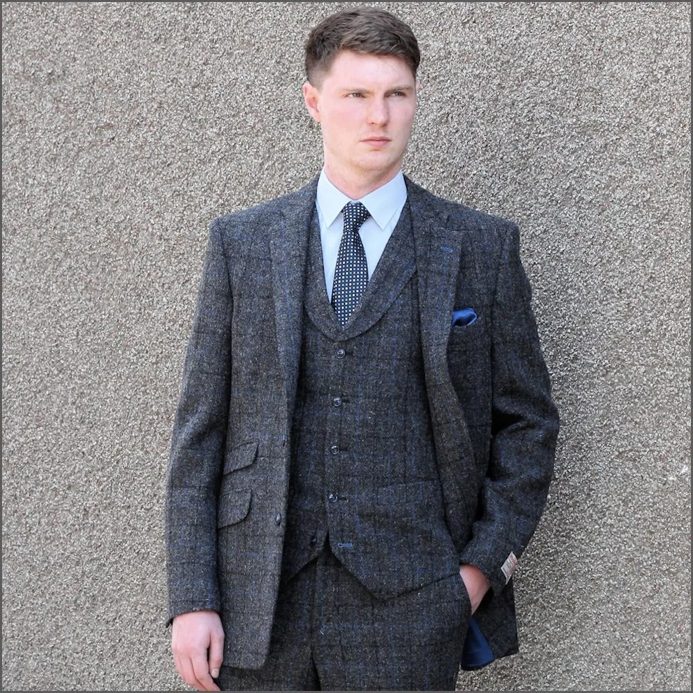 Harris Tweed Grey Marl with Blue Check 3pc Suit>