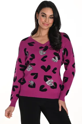 HEART PRINT LS V-NECK