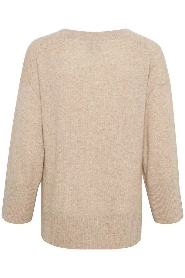 Hellin Light Camel Melange V Neck Cashmere Sweater