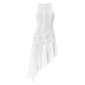 Hollow Knit White Asymmetrical Dress Summer 2024 Korean Style See Through Sleeveless Short Dresses for Women P85-DZ29