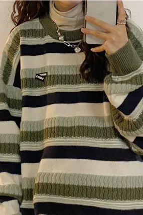 Hong Kong Style Striped Slouchy Round Neck Pullover Knit Sweater