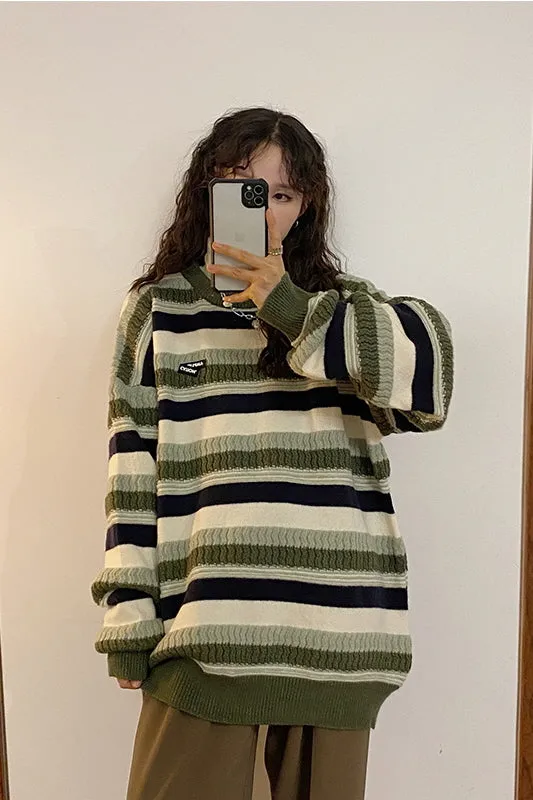 Hong Kong Style Striped Slouchy Round Neck Pullover Knit Sweater