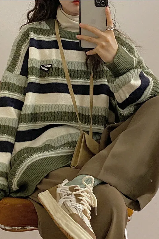 Hong Kong Style Striped Slouchy Round Neck Pullover Knit Sweater