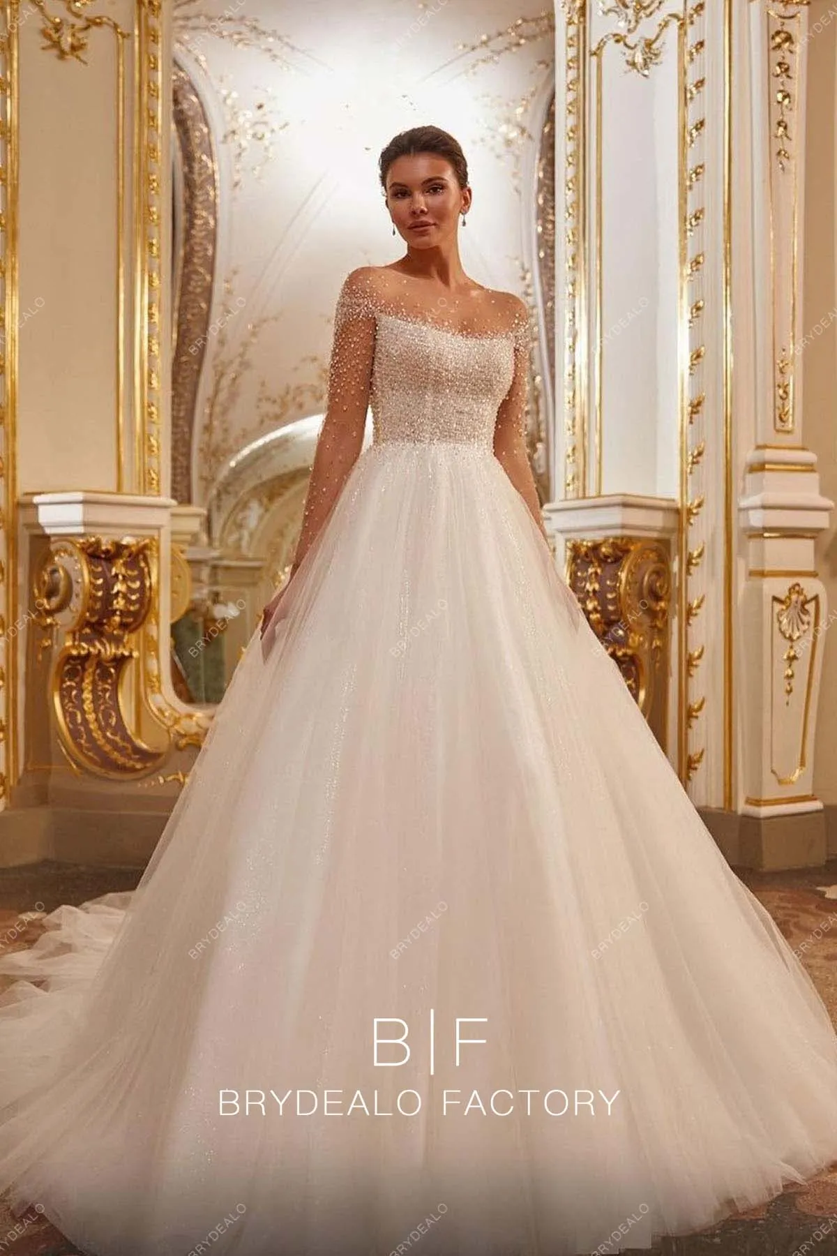 Illusion Neck Luxury Beaded Ball Gown Princess Wedding Dress