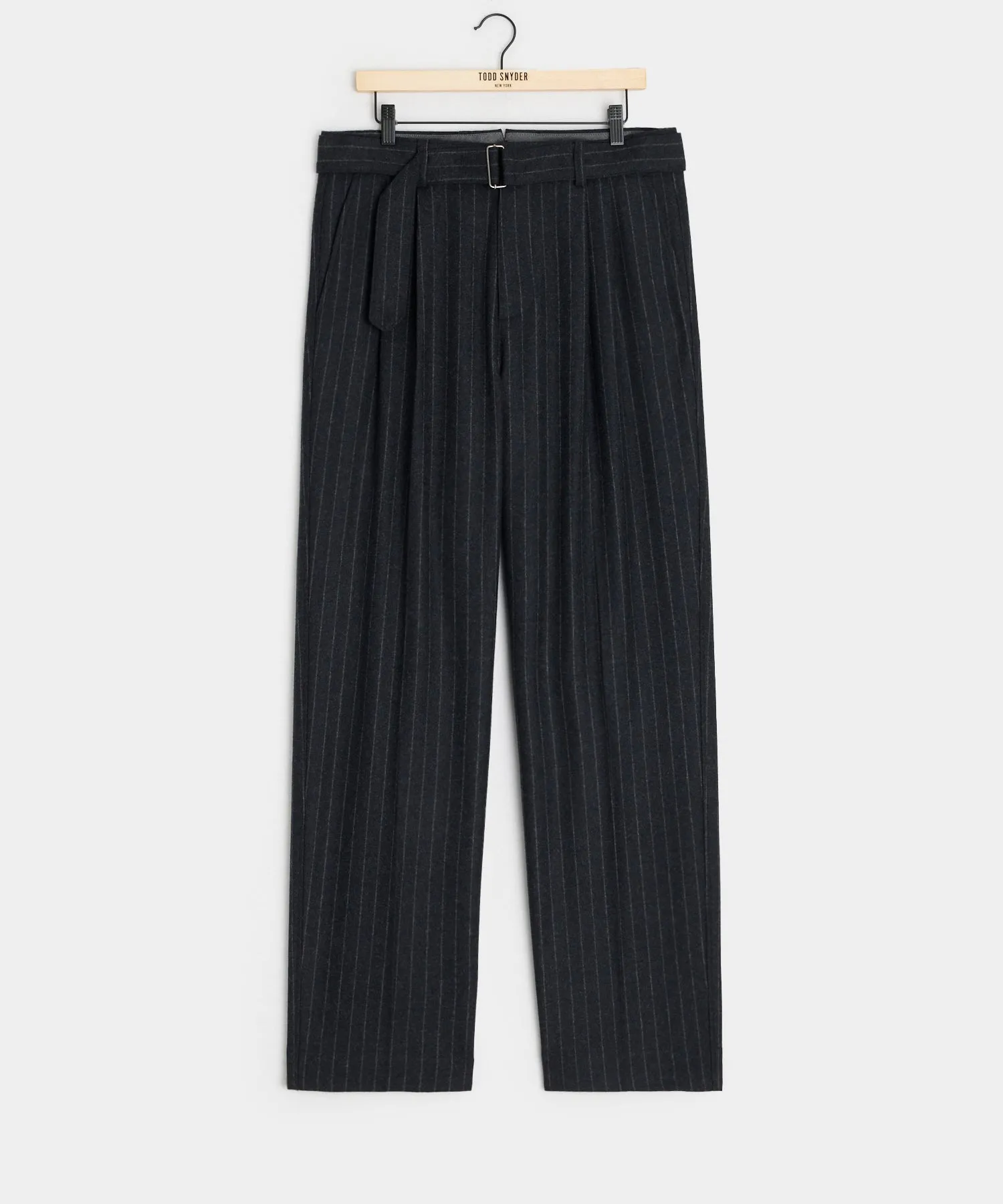 Italian Wool Self Belt Trouser in Navy Pinstripe