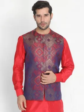 Jashvi Men's Red Silk Blend Ethnic Jacket