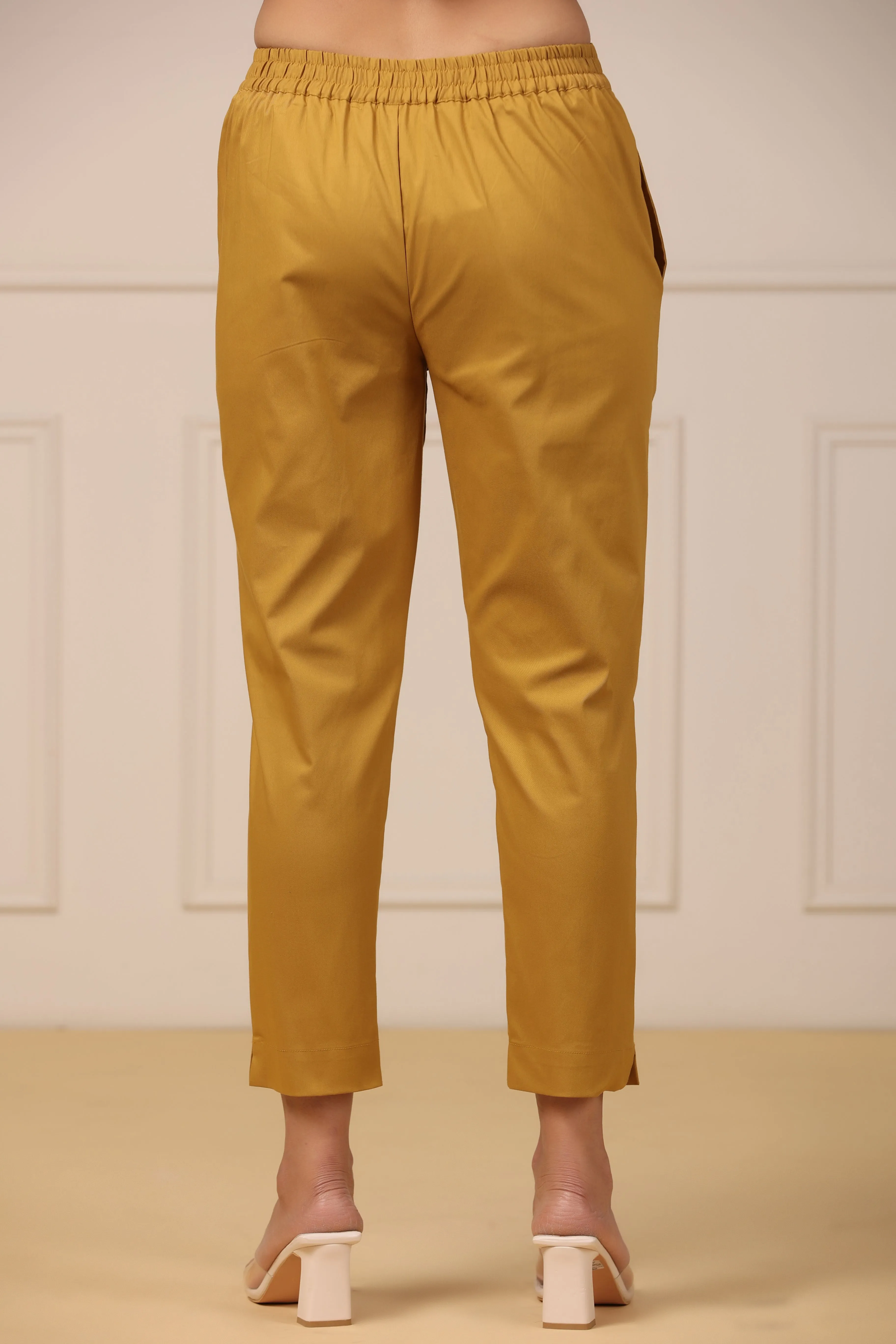 Juniper Mustard Spendex Solid Slim Fit Pants With Partially Elasticated Waistband