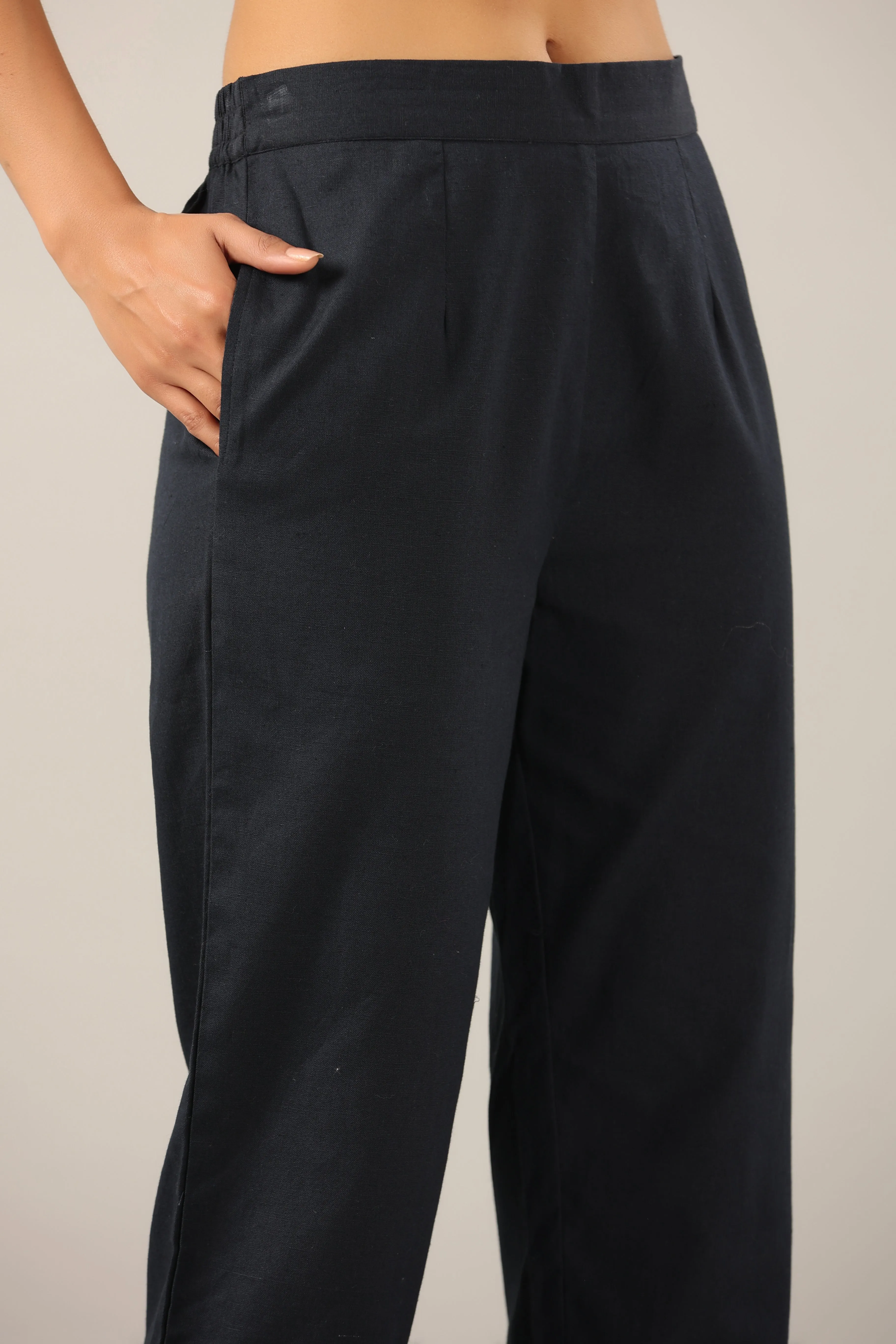 Juniper Navy Blue Solid Cotton Flex Pants With Printed Hem, Pintucks & Lace Work