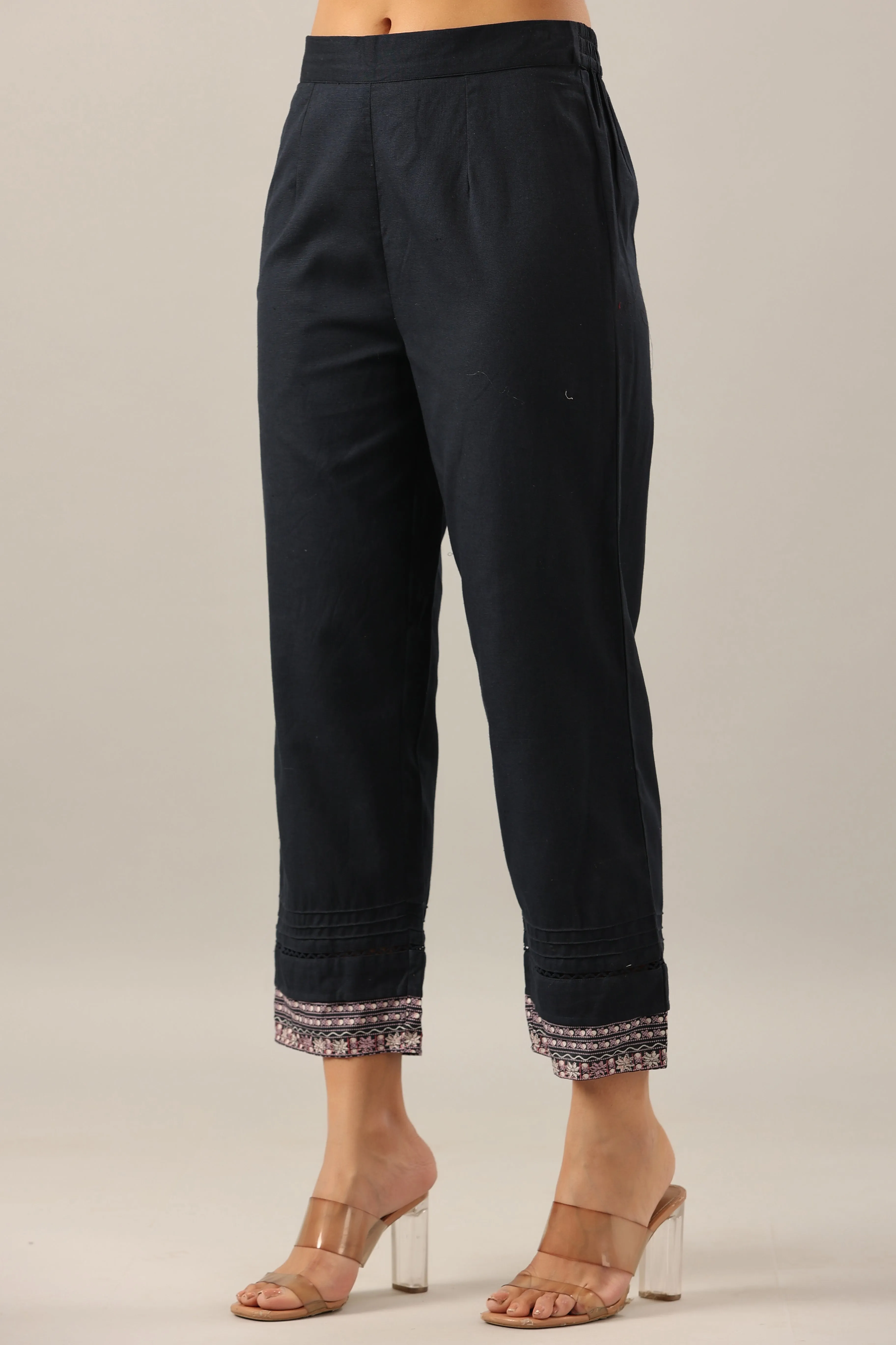 Juniper Navy Blue Solid Cotton Flex Pants With Printed Hem, Pintucks & Lace Work