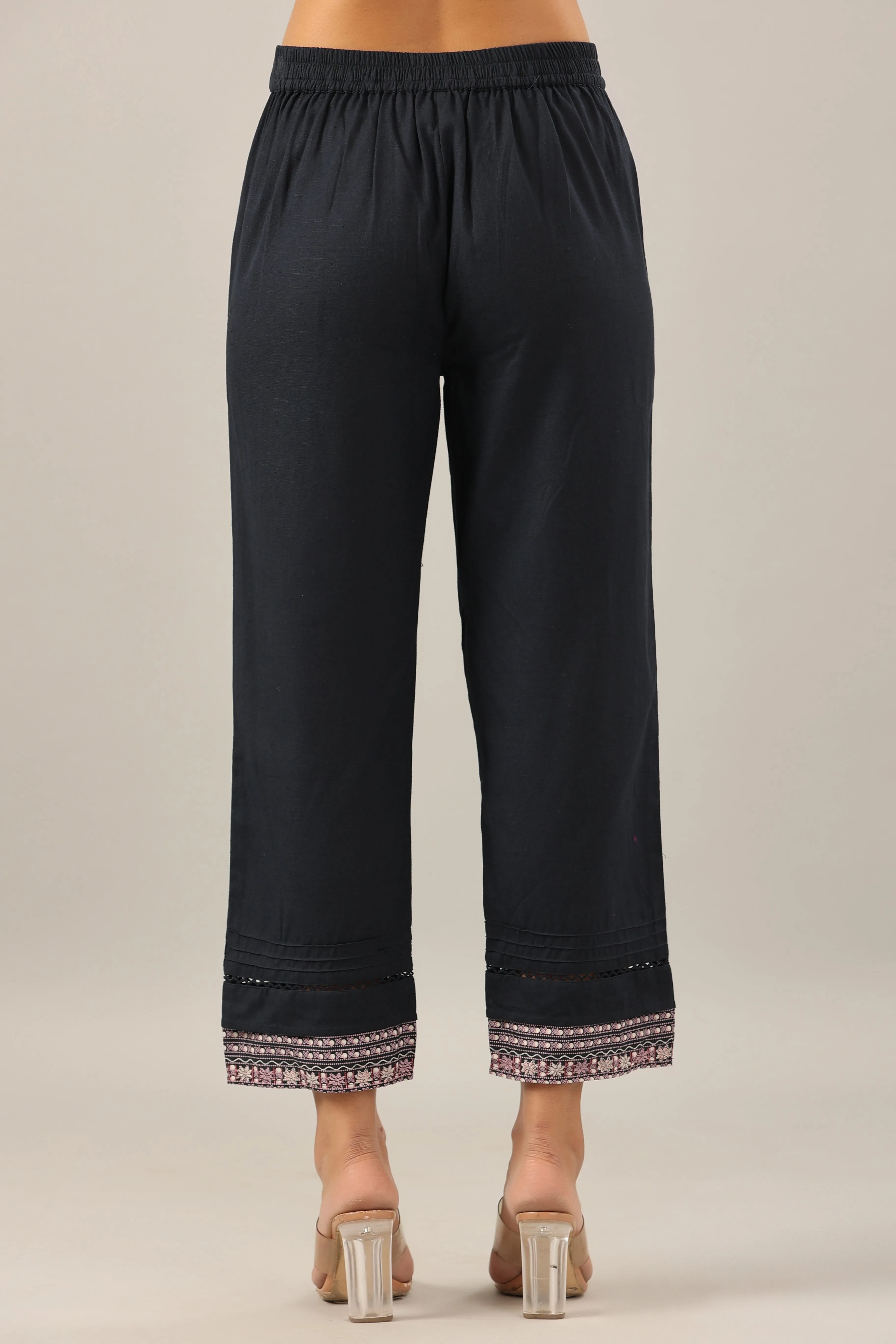 Juniper Navy Blue Solid Cotton Flex Pants With Printed Hem, Pintucks & Lace Work