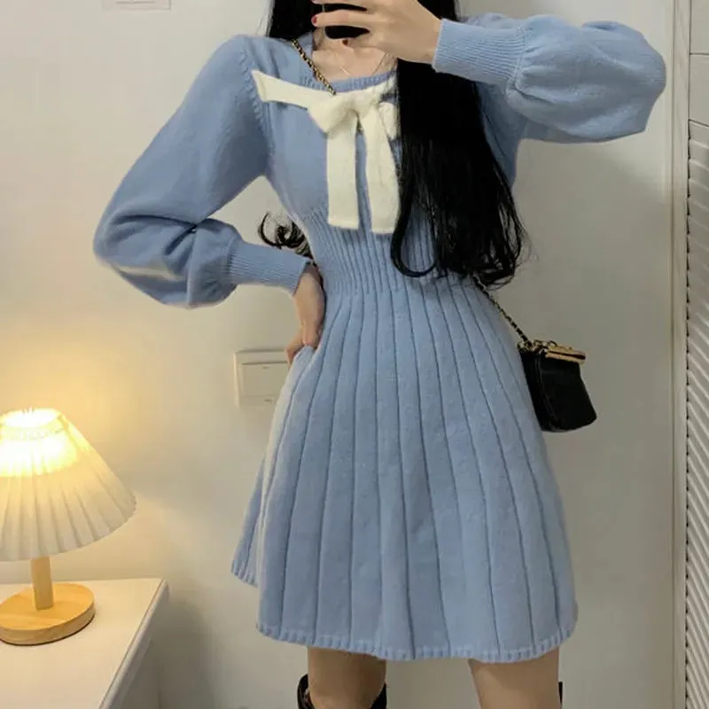 Knitted Warm Dress Women Aurumn Winter Knit Vintage Square Collar Elegant Long Sleeve Short Dresses Korean Fashion