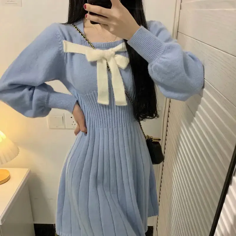 Knitted Warm Dress Women Aurumn Winter Knit Vintage Square Collar Elegant Long Sleeve Short Dresses Korean Fashion