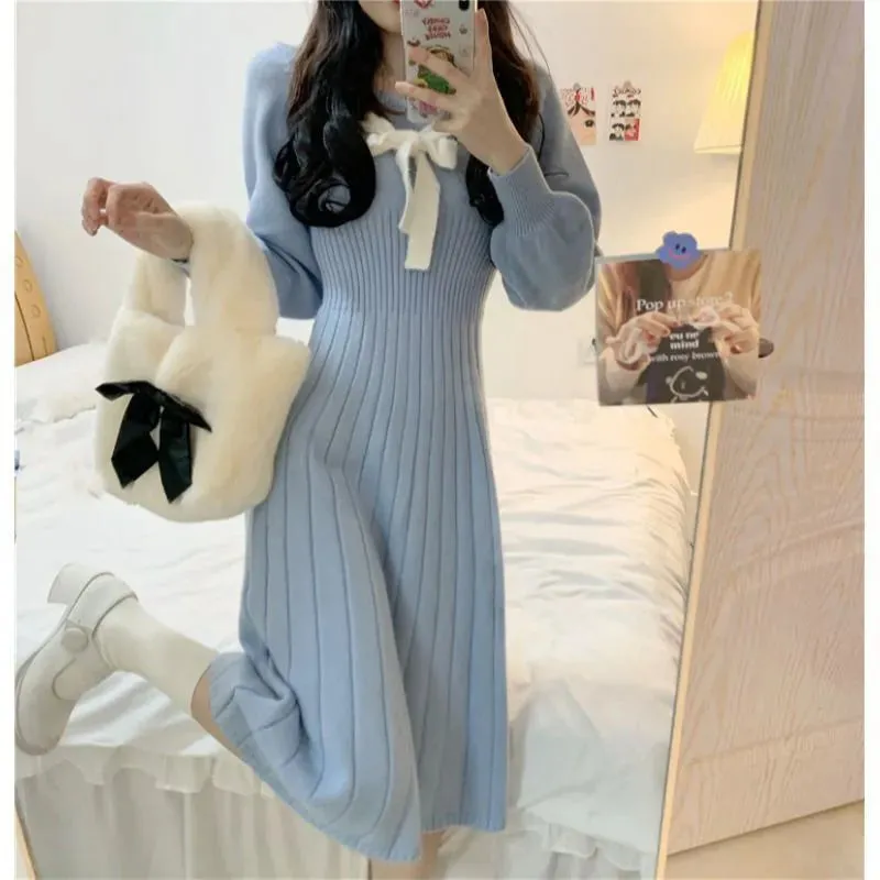 Knitted Warm Dress Women Aurumn Winter Knit Vintage Square Collar Elegant Long Sleeve Short Dresses Korean Fashion